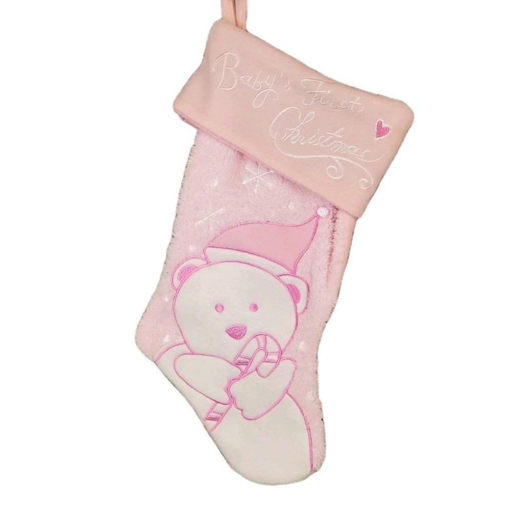 Santas Best Pink Babys First Christmas Fleece Girls Stocking White Teddy Bear‎